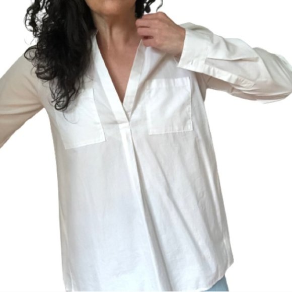 NEW Theory White Cotton Button Back Popover Tunic High/Low Hem Split Back Large - Picture 3 of 15